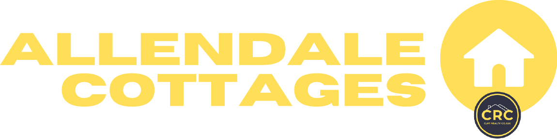 Yellow "ALLENDALE COTTAGES" text with a house icon on the right and a small CRC Cottages logo inside a yellow circle.